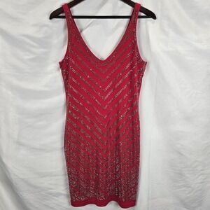 Cache Size Small Studded V-neck Bodycon Jersey Cocktail Dress Red Holiday Party‎